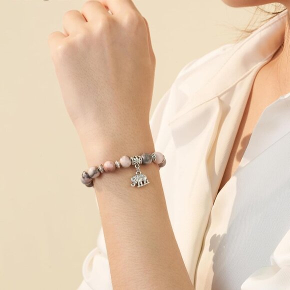 Elephant Bracelet Natural Stone Silver-Style Charm for Women Lucky Gift - Picture 2 of 7